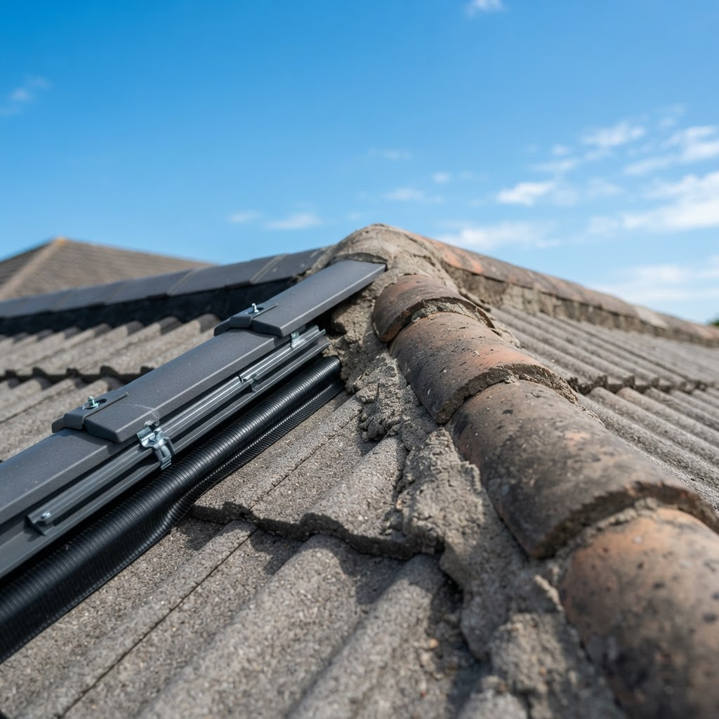 Roof apex showing a modern dry ridge system alongside traditional mortar-bedded ridge tiles