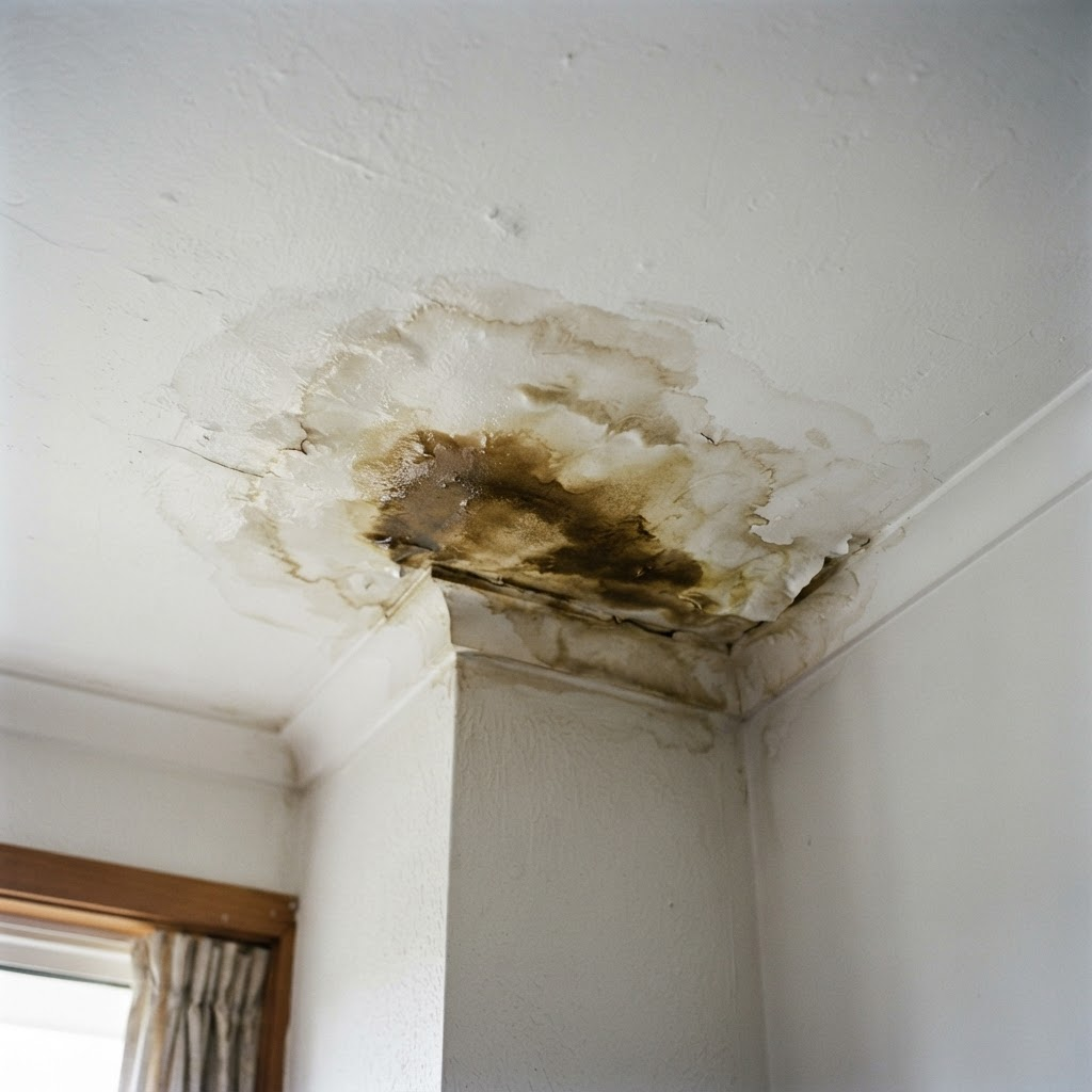 Water stain and damp patch on an interior ceiling caused by a roof leak