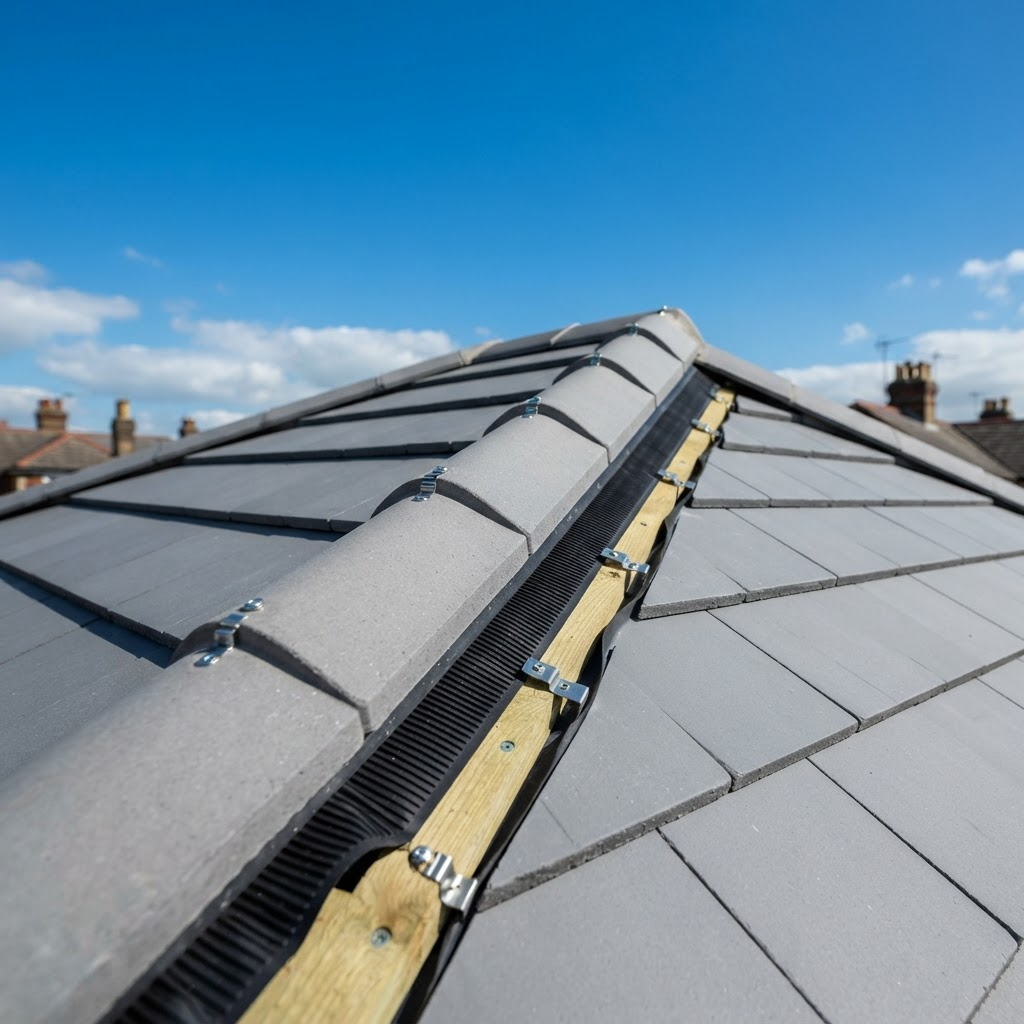 Modern dry ridge system on a tiled roof